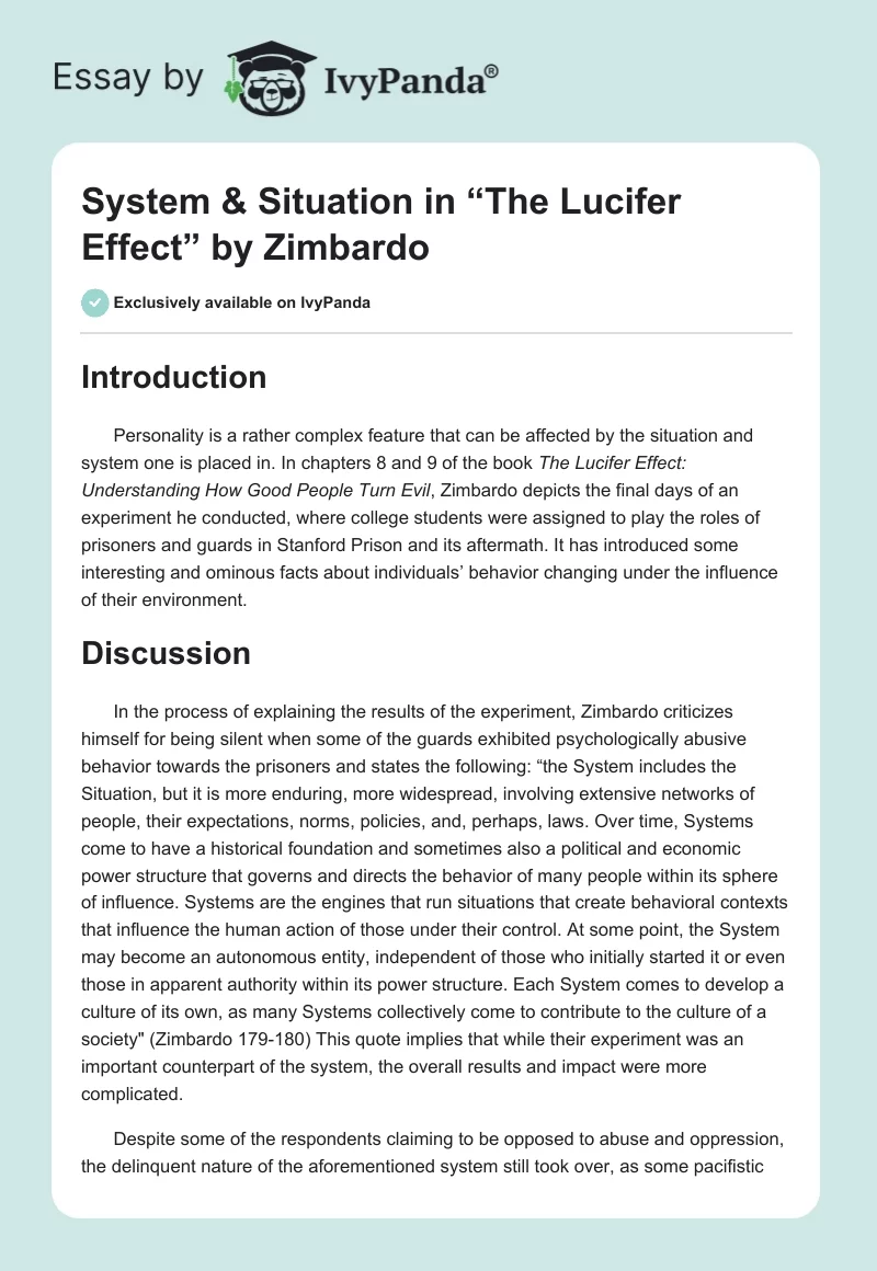 System & Situation in “The Lucifer Effect” by Zimbardo. Page 1