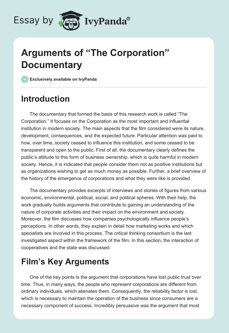 Arguments of “The Corporation” Documentary. Page 1
