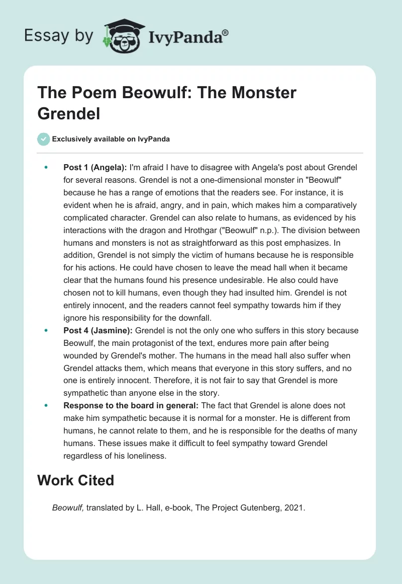 The Poem "Beowulf": The Monster Grendel. Page 1