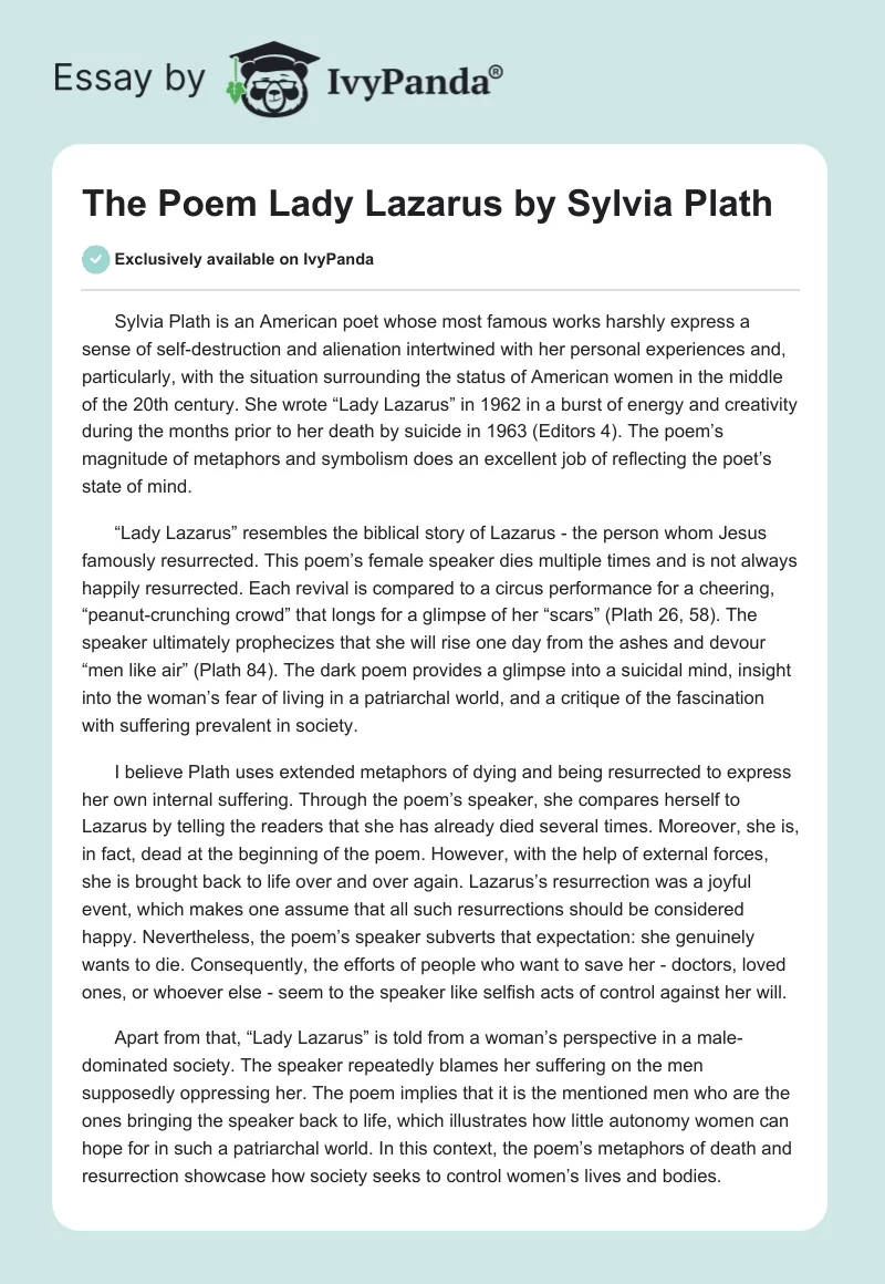 The Poem Lady Lazarus By Sylvia Plath 601 Words Essay Example