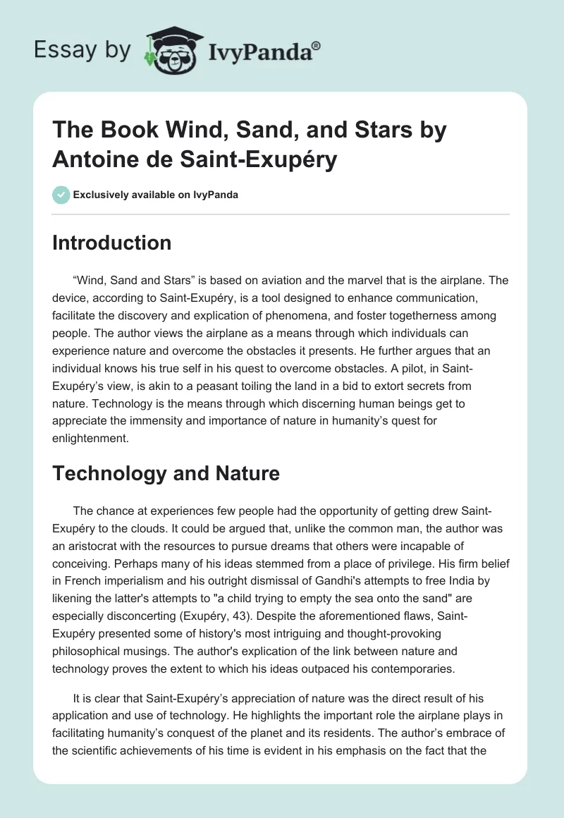 The Book "Wind, Sand, and Stars" by Antoine de Saint-Exupéry. Page 1
