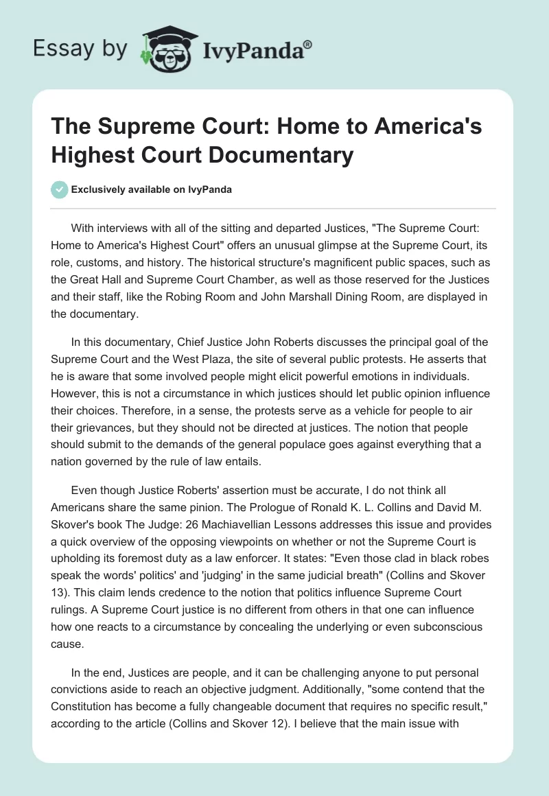 "The Supreme Court: Home to America's Highest Court" Documentary. Page 1