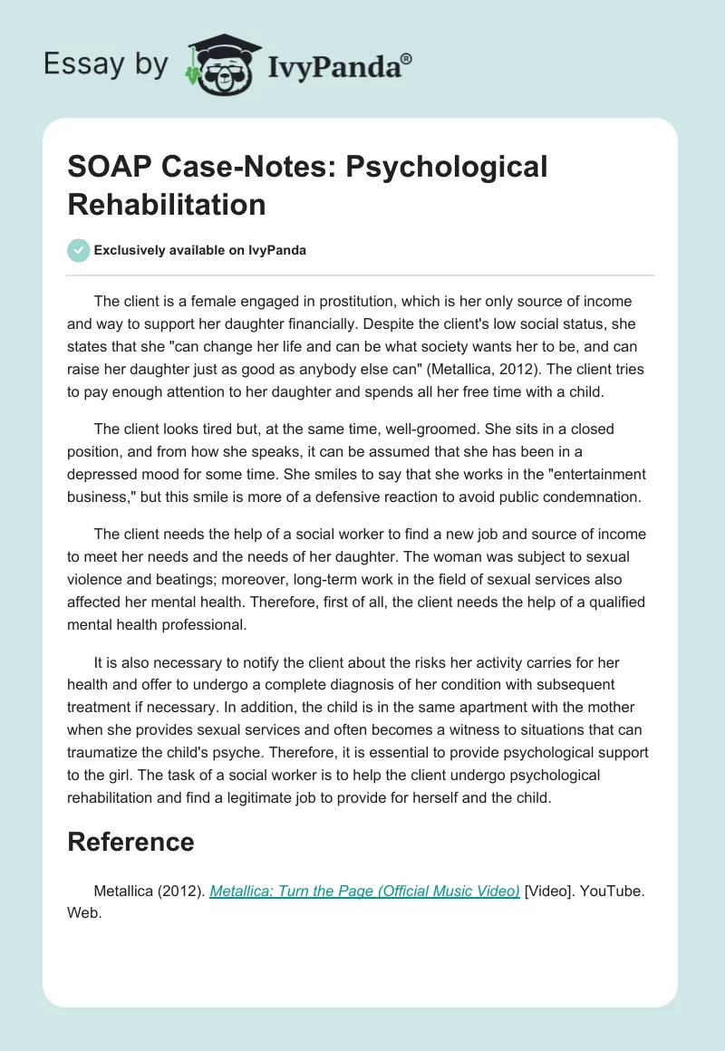 SOAP Case-Notes: Psychological Rehabilitation. Page 1