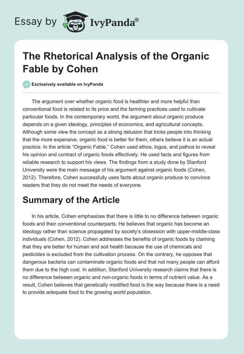 The Rhetorical Analysis of the Organic Fable by Cohen. Page 1