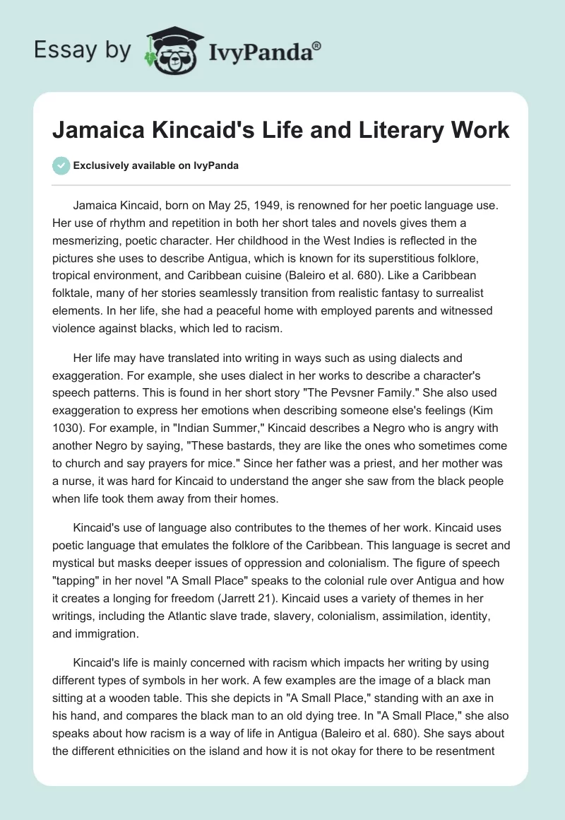 Jamaica Kincaid's Life and Literary Work. Page 1