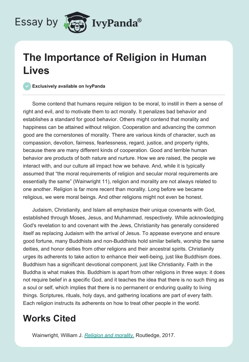 The Importance of Religion in Human Lives. Page 1