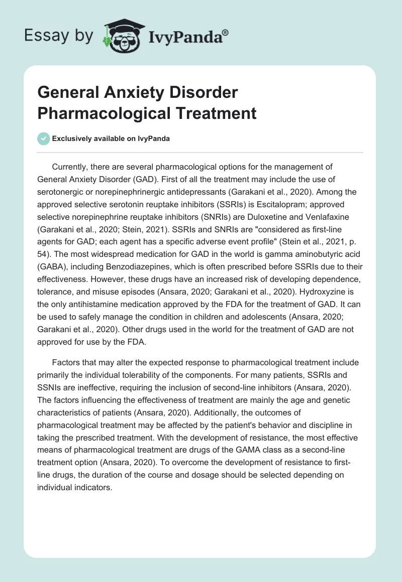 General Anxiety Disorder Pharmacological Treatment. Page 1