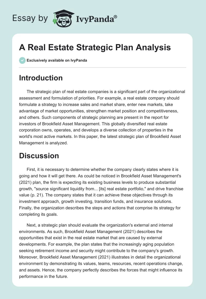 A Real Estate Strategic Plan Analysis. Page 1