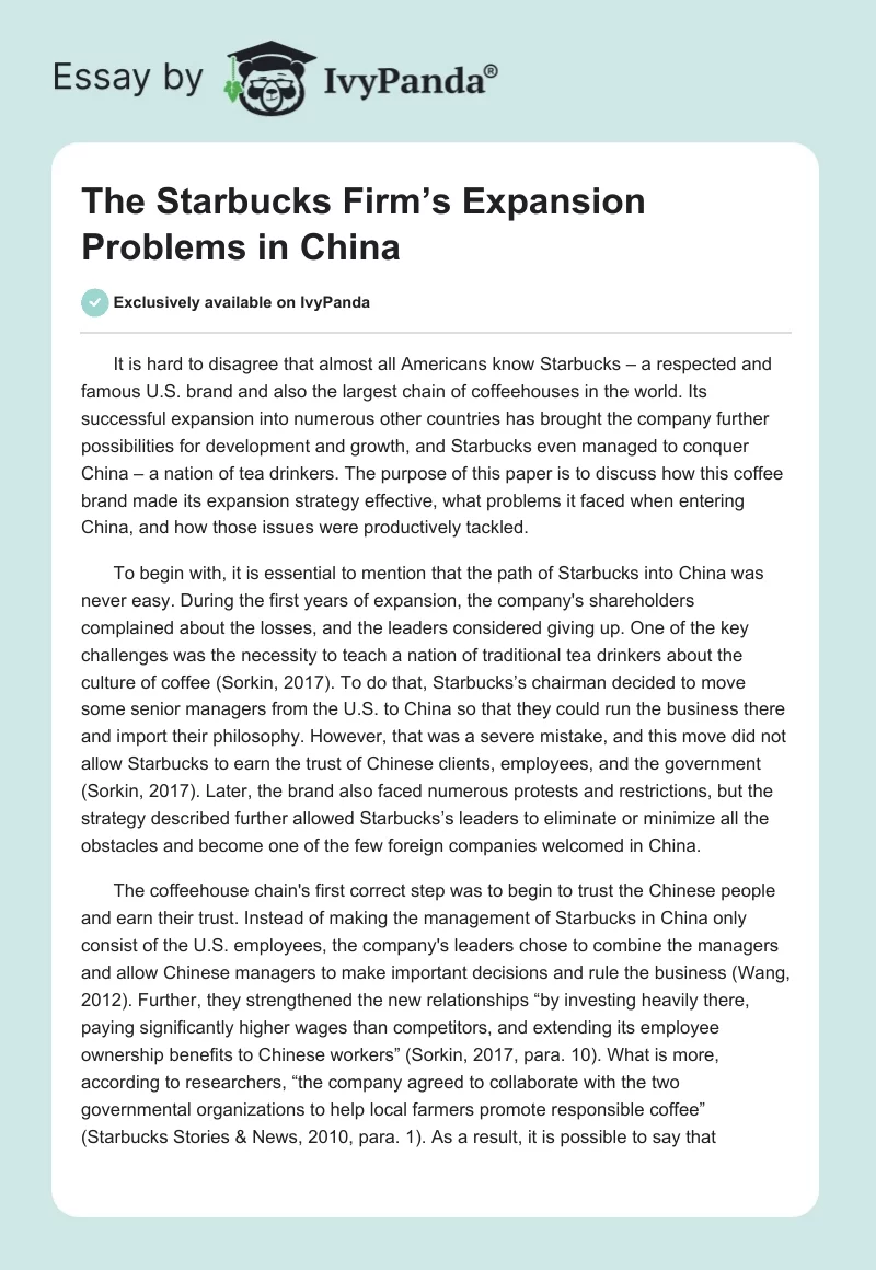 The Starbucks Firm’s Expansion Problems in China. Page 1