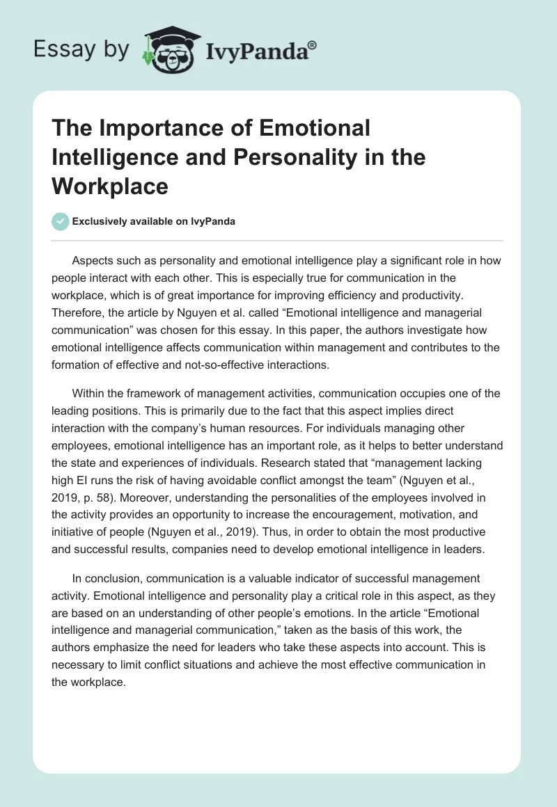 The Importance of Emotional Intelligence and Personality in the Workplace. Page 1