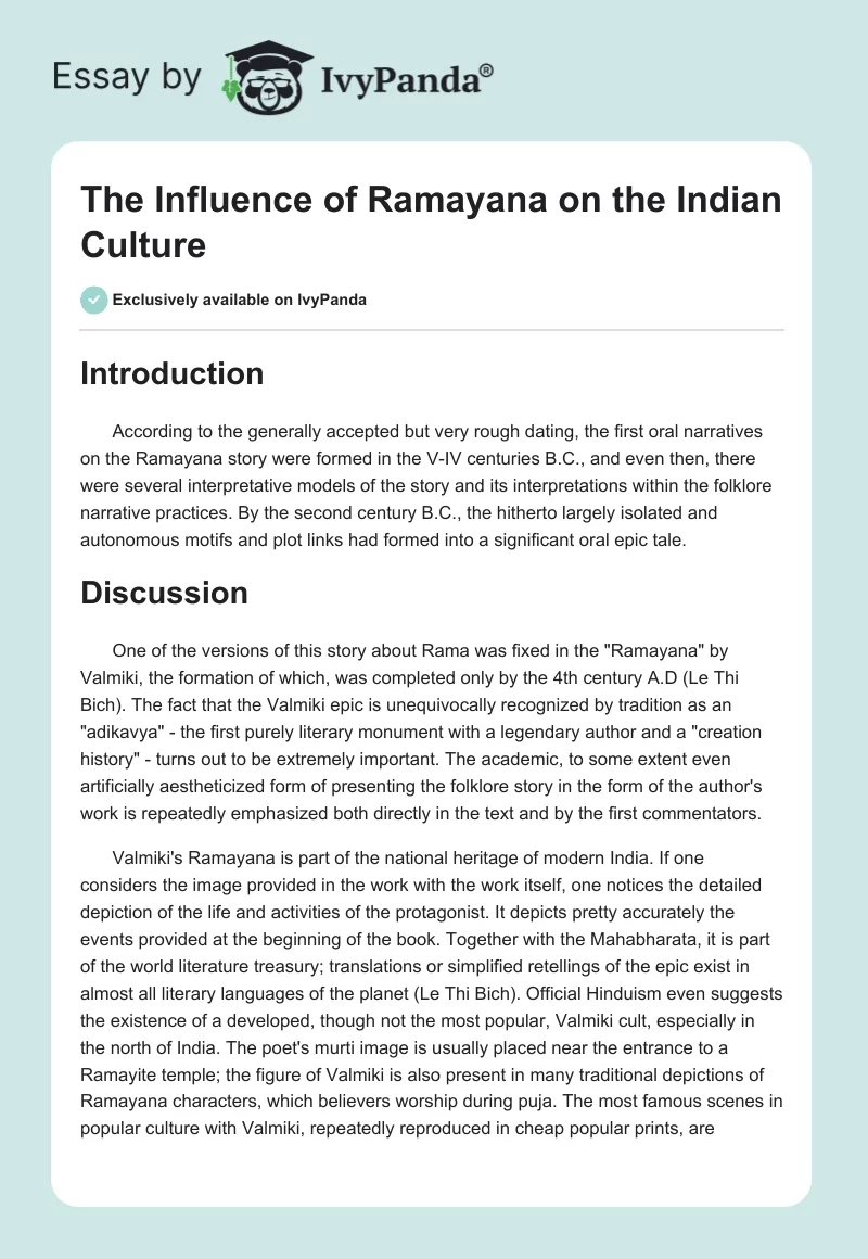 The Influence of Ramayana on the Indian Culture. Page 1