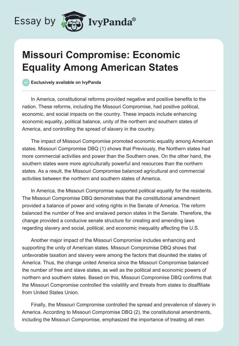 Missouri Compromise: Economic Equality Among American States. Page 1