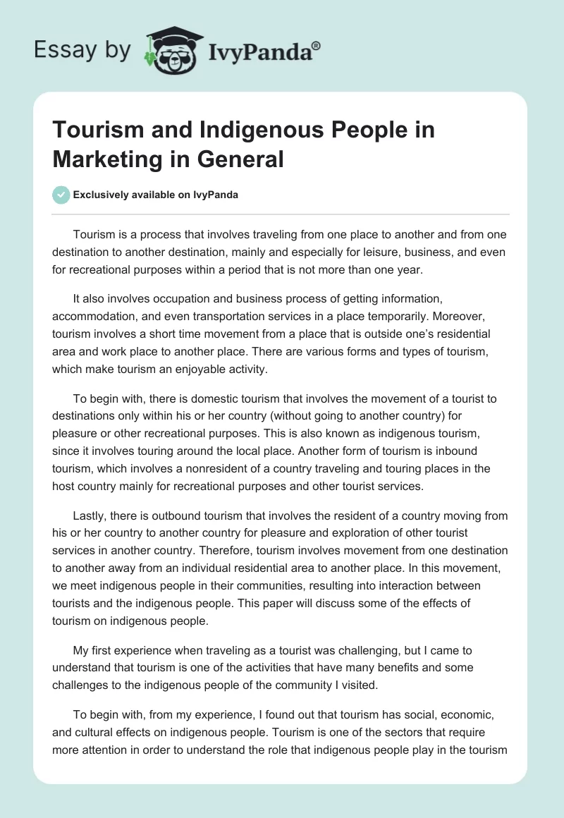 Tourism and Indigenous People in Marketing in General. Page 1