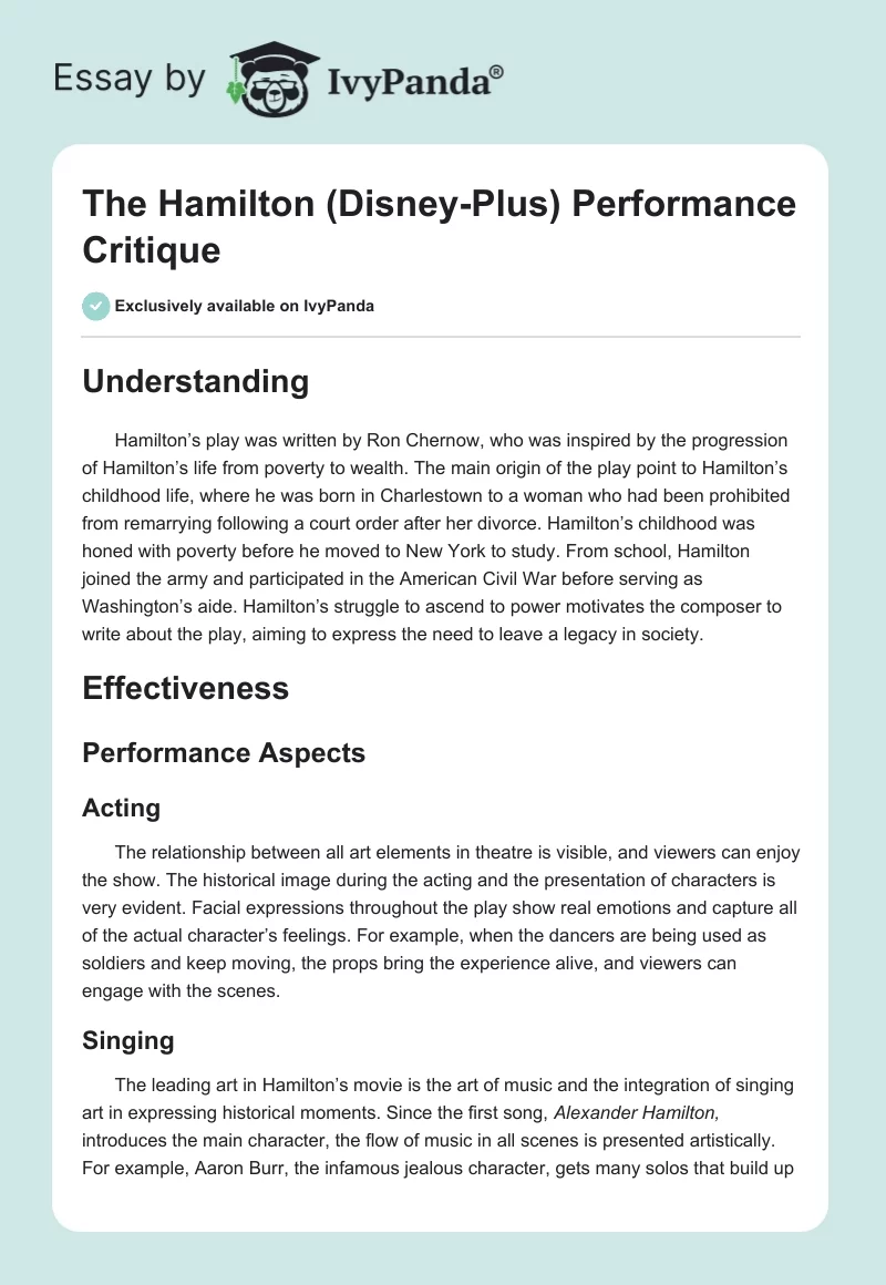 The Hamilton (Disney-Plus) Performance Critique. Page 1