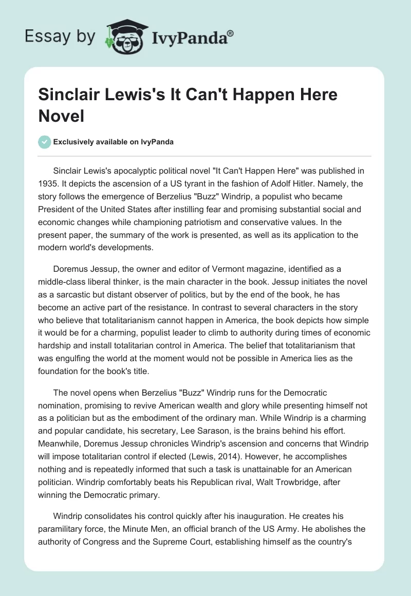 Sinclair Lewis's "It Can't Happen Here" Novel. Page 1