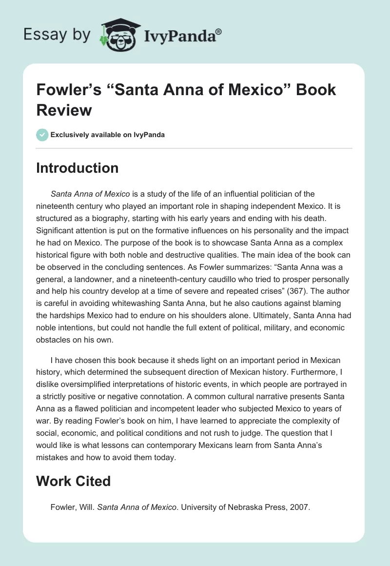 Fowler’s “Santa Anna of Mexico” Book Review. Page 1