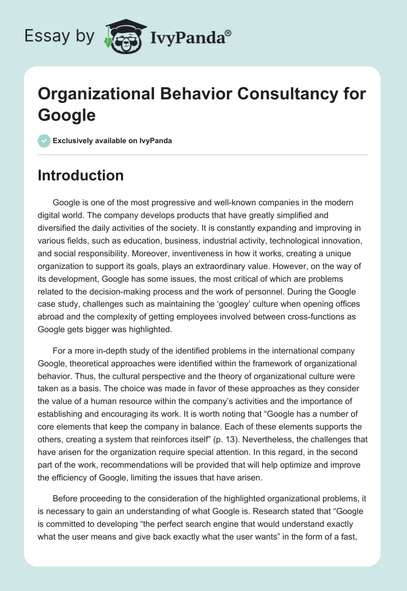 Organizational Behavior Consultancy for Google. Page 1