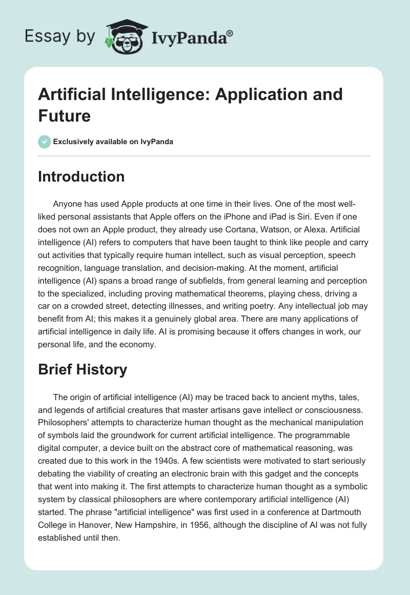 Artificial Intelligence: Application and Future. Page 1