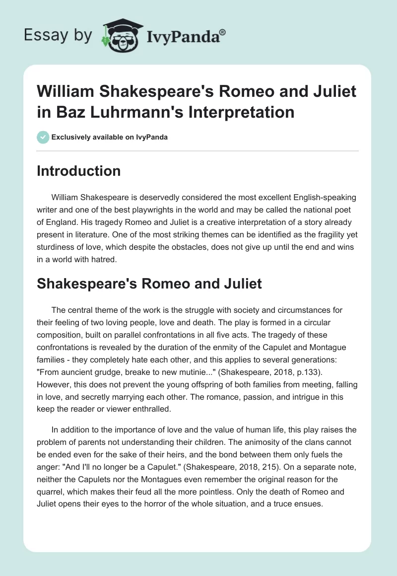 William Shakespeare's "Romeo and Juliet" in Baz Luhrmann's Interpretation. Page 1