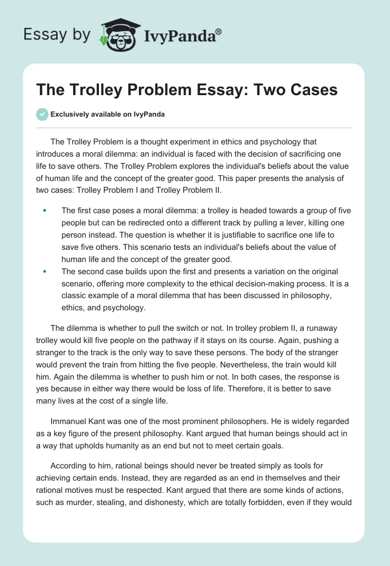The Trolley Problem Essay: Two Cases. Page 1