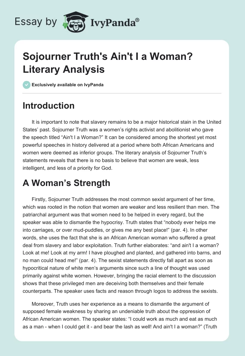 Sojourner Truth's "Ain't I a Woman?" Literary Analysis. Page 1