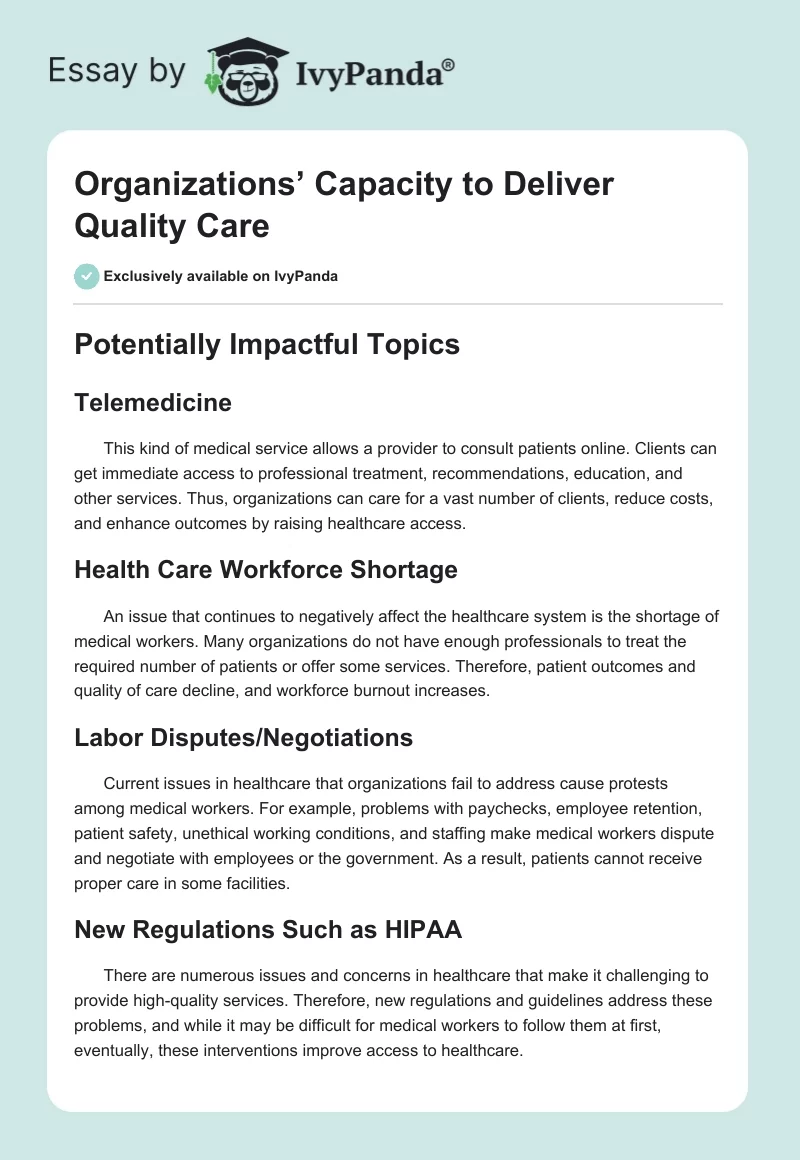 Organizations’ Capacity to Deliver Quality Care. Page 1