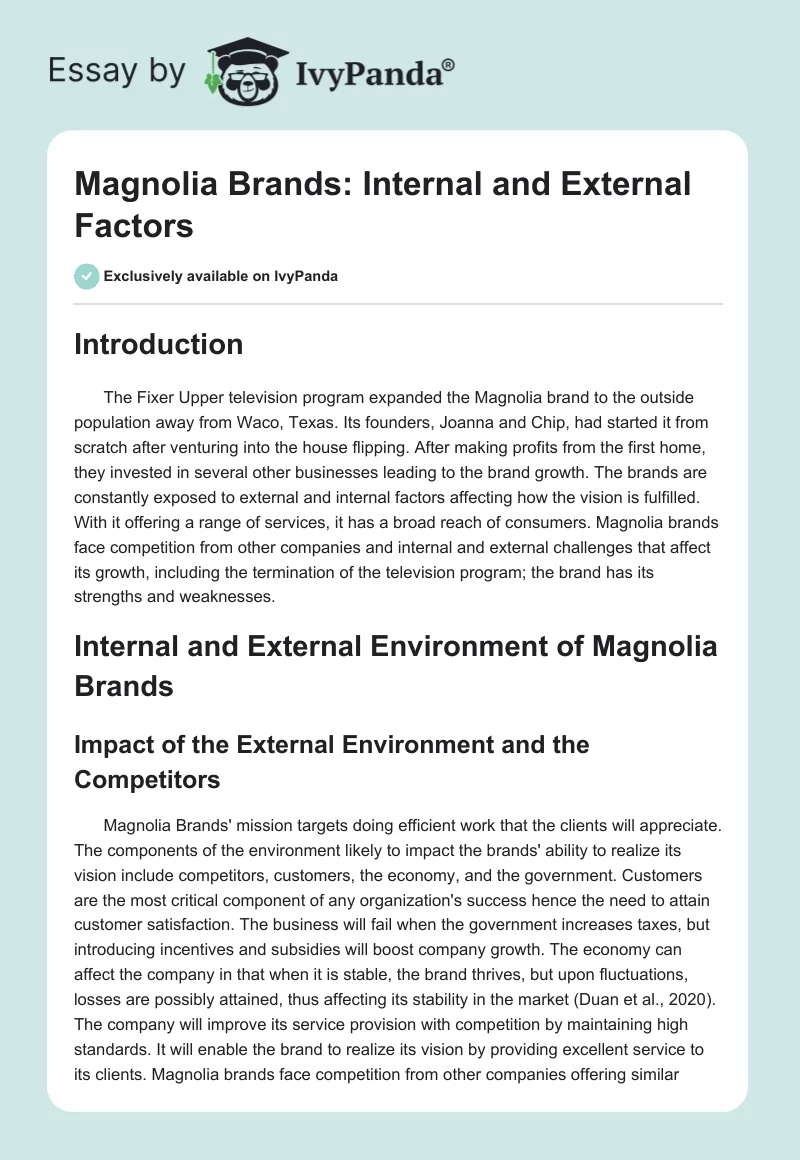 Magnolia Brands: Internal and External Factors. Page 1