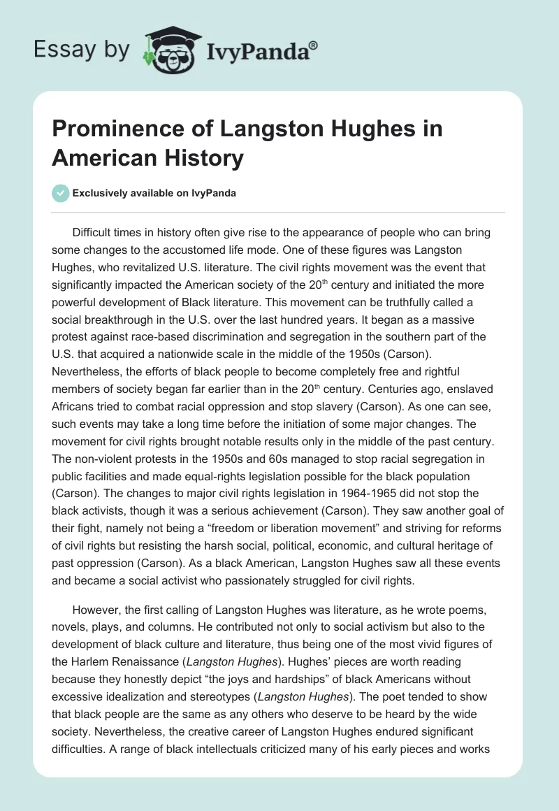 Prominence of Langston Hughes in American History. Page 1