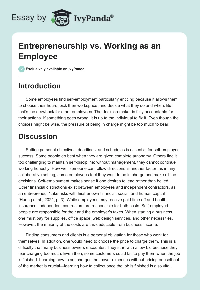 Entrepreneurship vs. Working as an Employee. Page 1