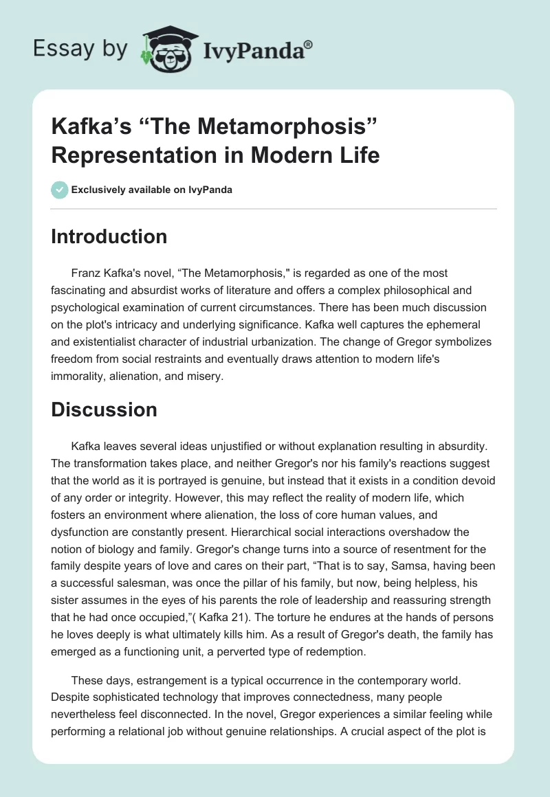 Kafka’s “The Metamorphosis” Representation in Modern Life. Page 1