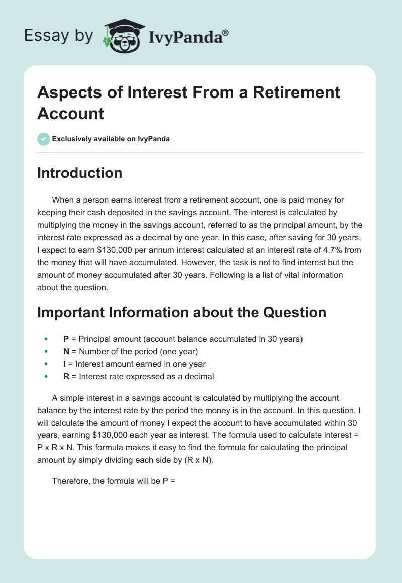 Aspects of Interest From a Retirement Account. Page 1