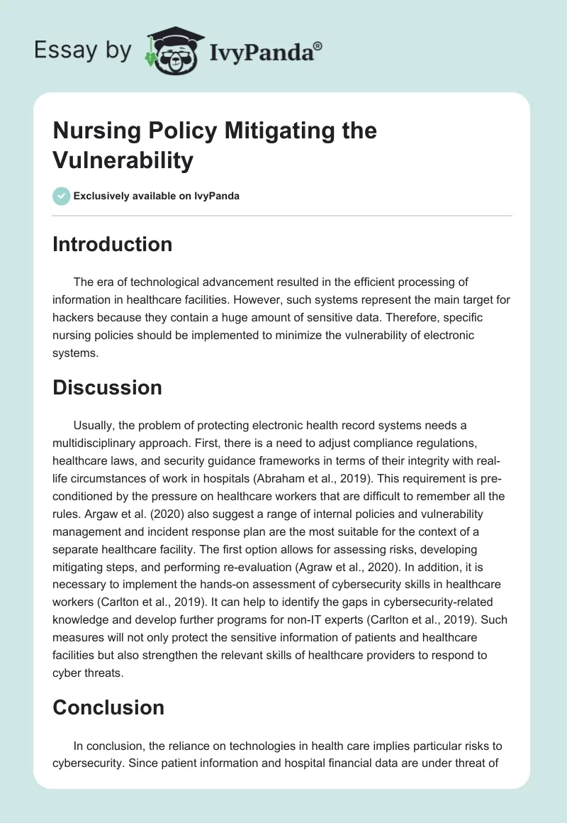 Nursing Policy Mitigating the Vulnerability. Page 1