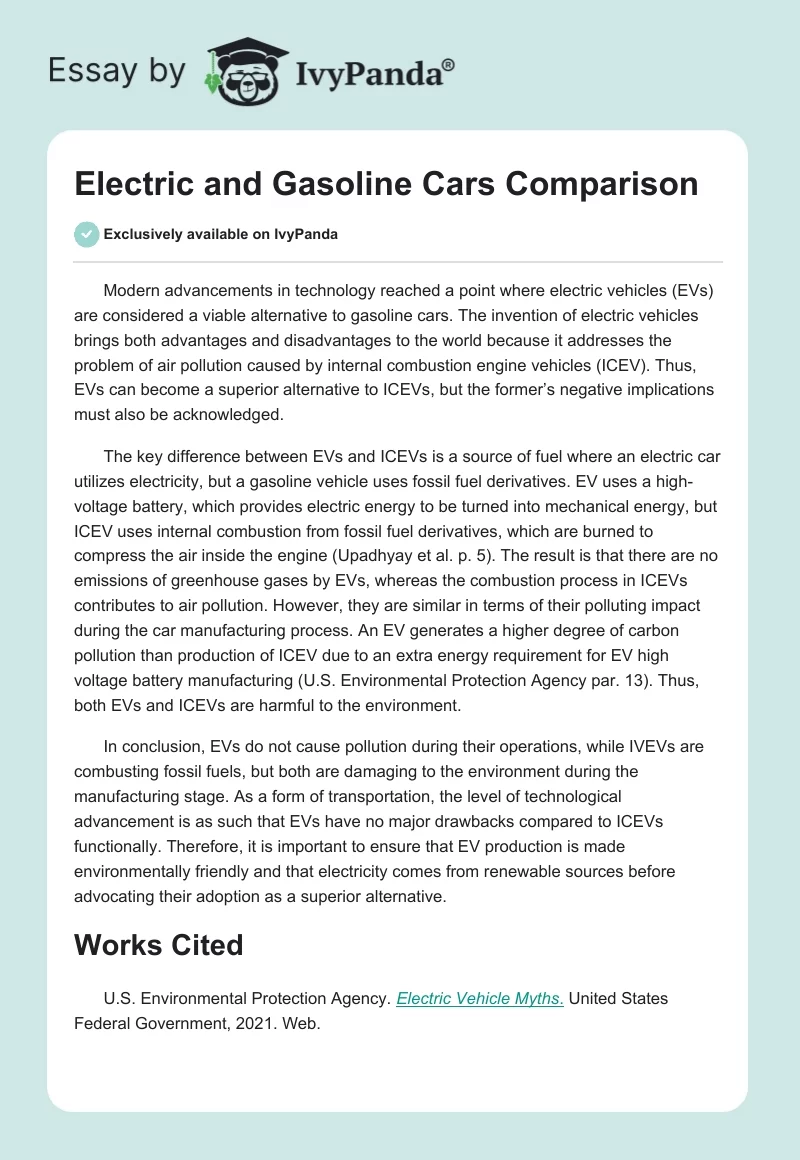Electric and Gasoline Cars Comparison. Page 1