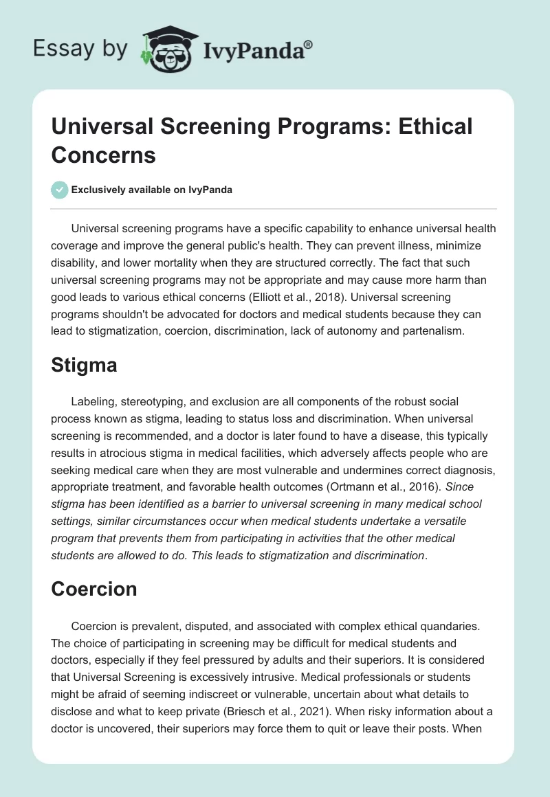 Universal Screening Programs: Ethical Concerns. Page 1