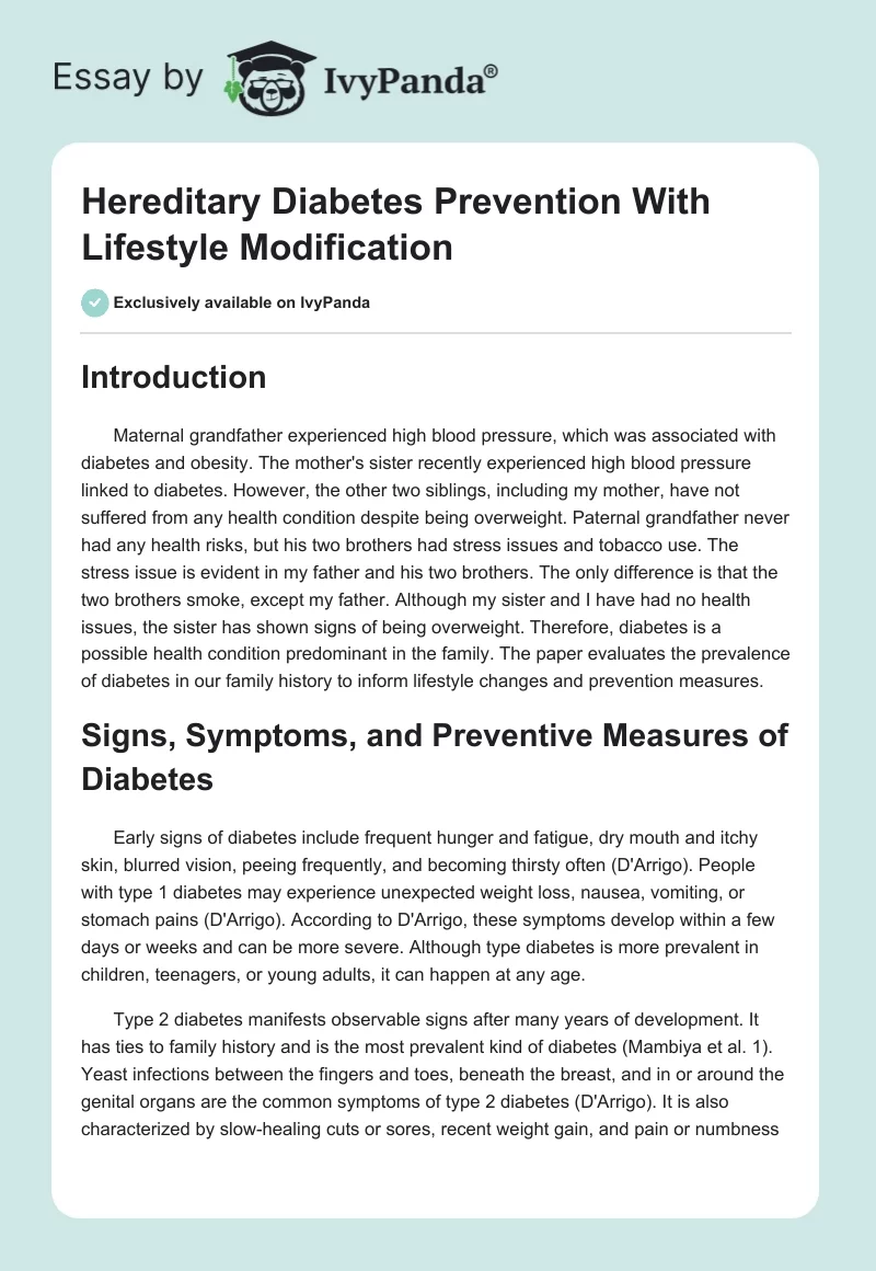 Hereditary Diabetes Prevention With Lifestyle Modification. Page 1