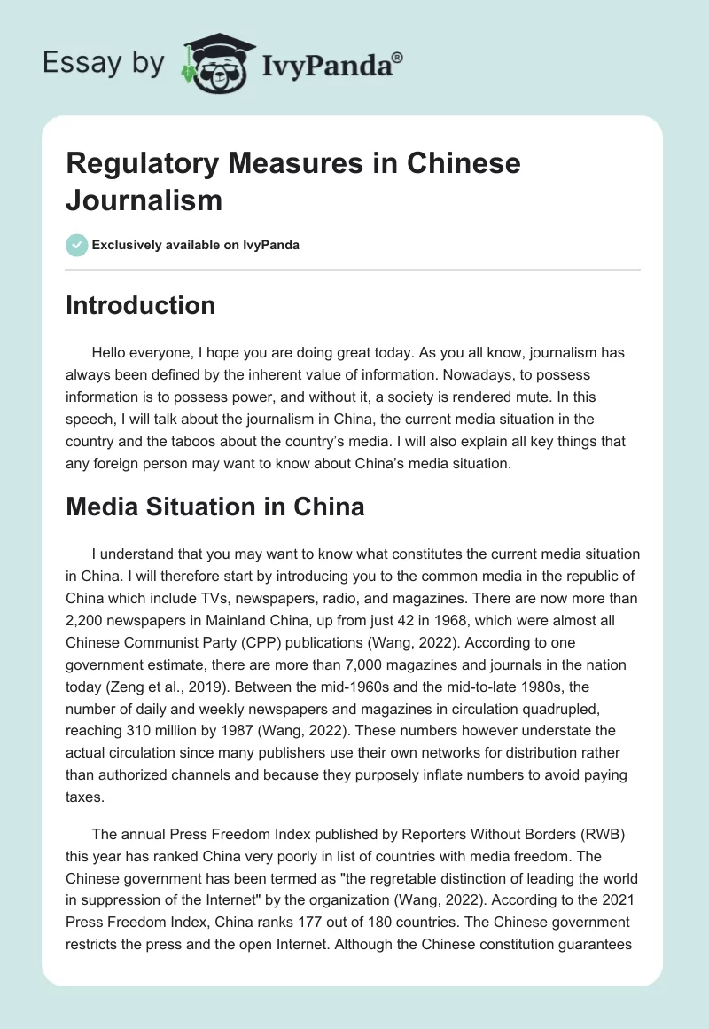 Regulatory Measures in Chinese Journalism. Page 1