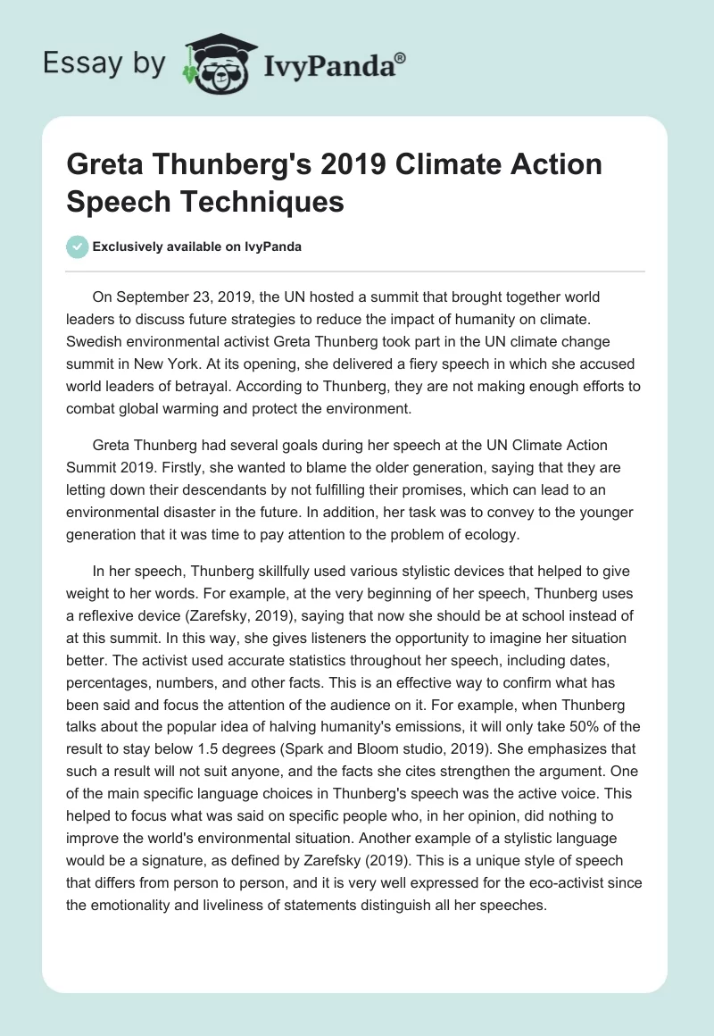 Greta Thunberg's 2019 Climate Action Speech Techniques. Page 1
