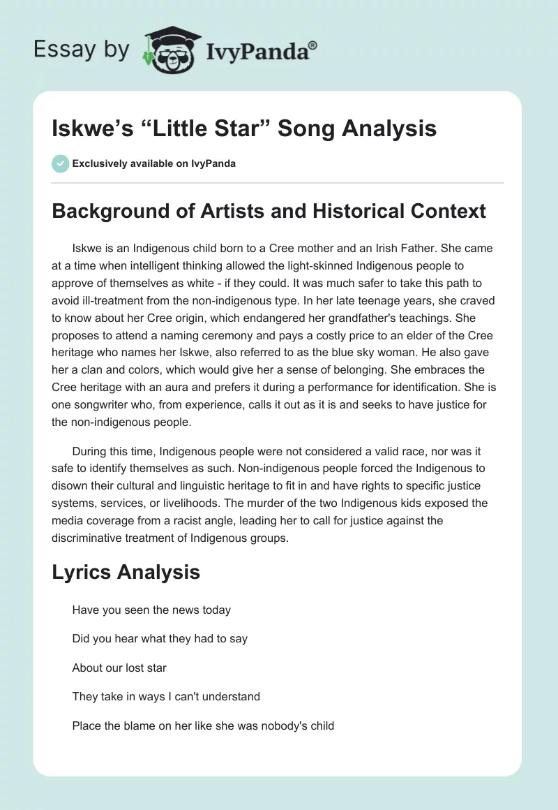 Iskwe’s “Little Star” Song Analysis. Page 1