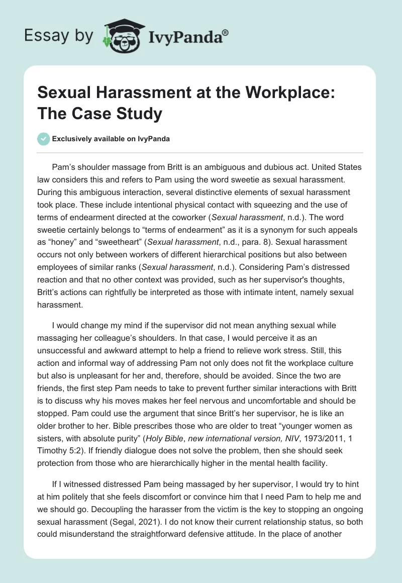 Sexual Harassment at the Workplace: The Case Study. Page 1