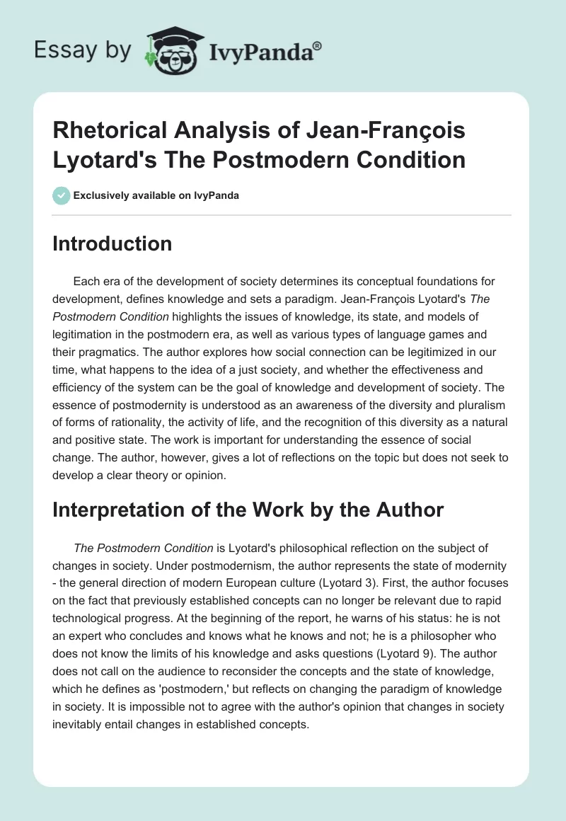 Rhetorical Analysis of Jean-François Lyotard's The Postmodern Condition. Page 1
