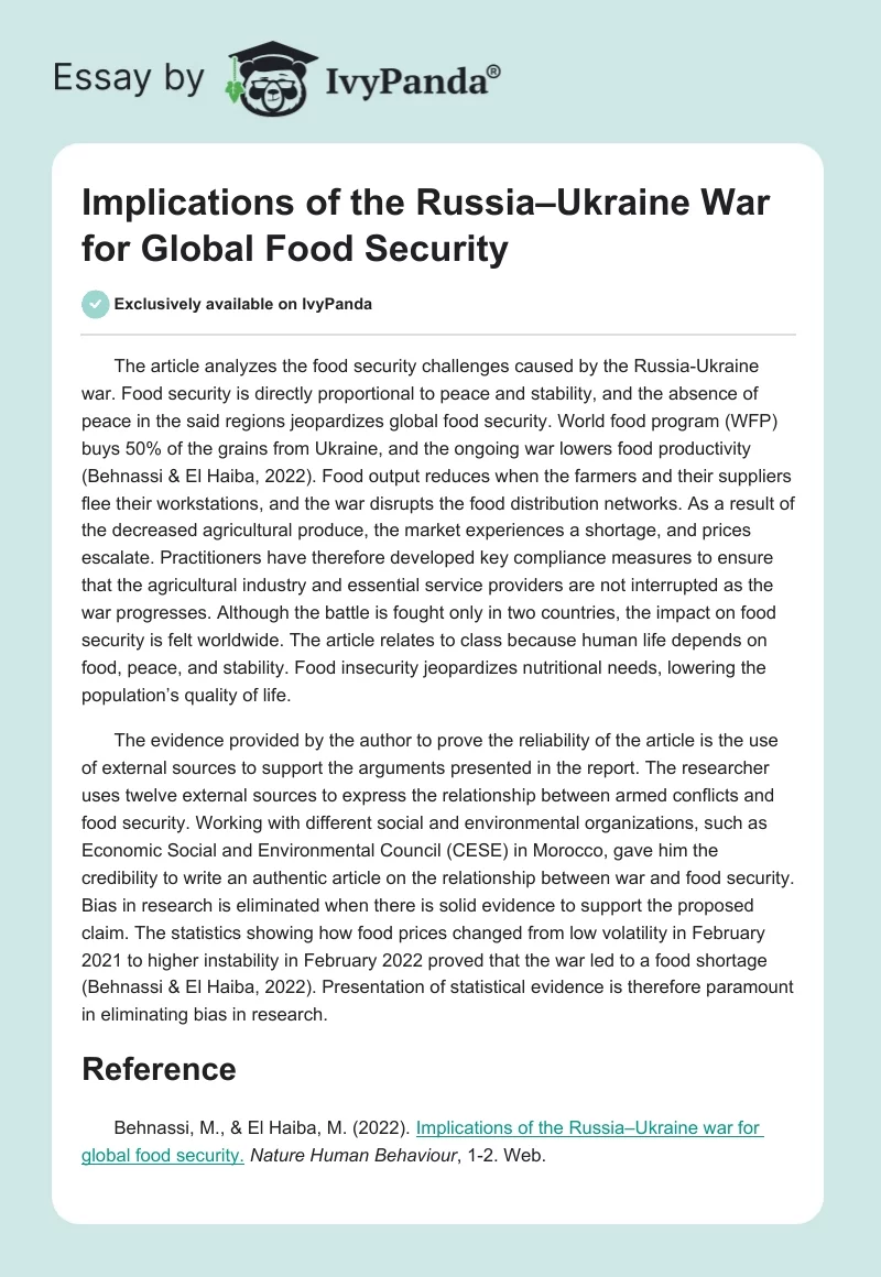 Implications of the Russia–Ukraine War for Global Food Security. Page 1