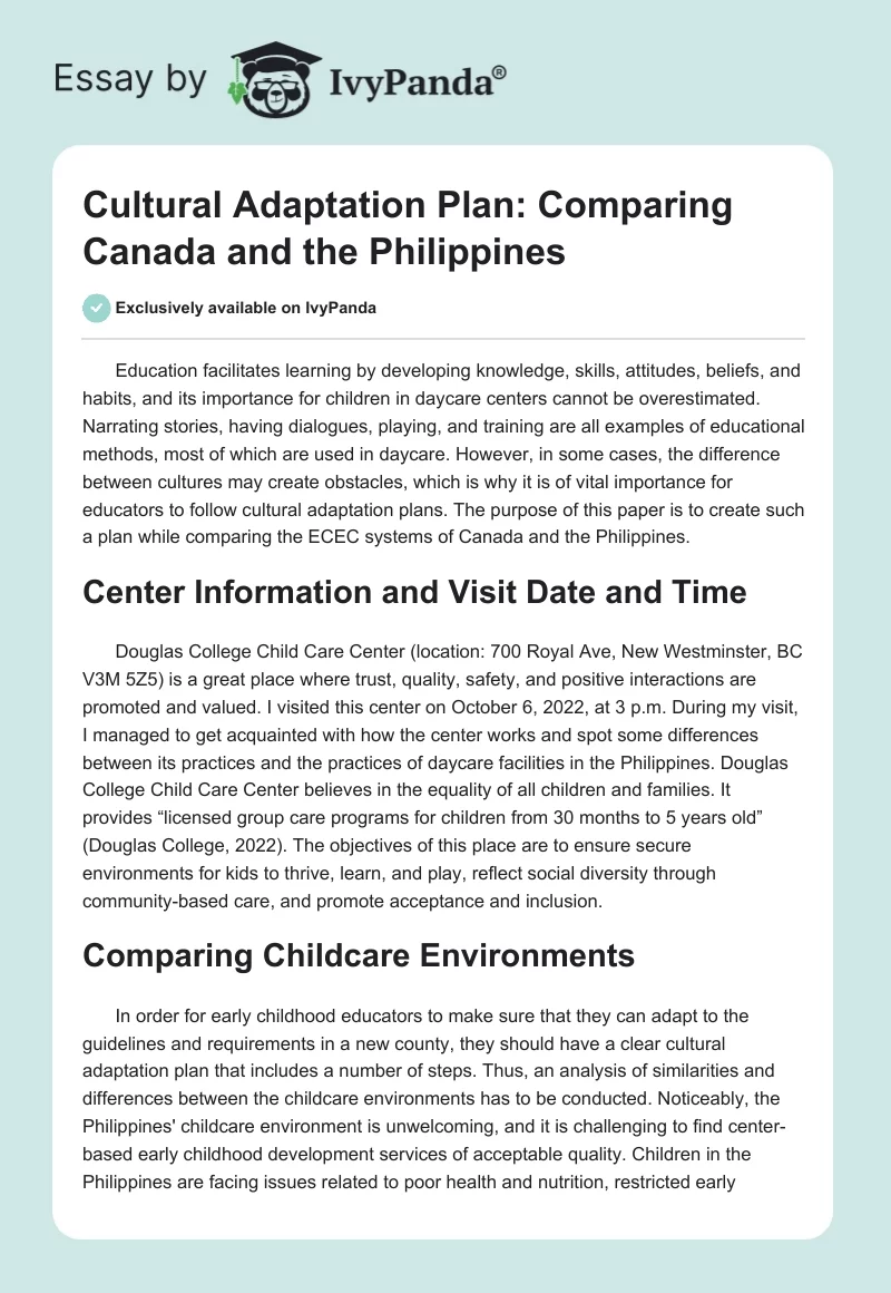 Cultural Adaptation Plan: Comparing Canada and the Philippines. Page 1