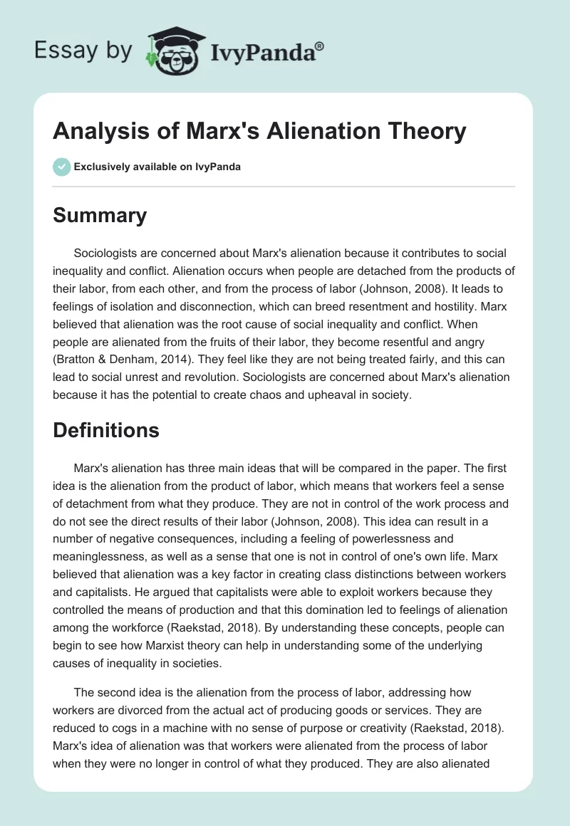 Analysis of Marx's Alienation Theory. Page 1