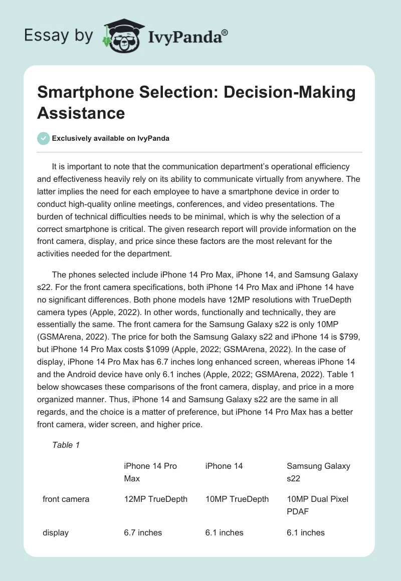 Smartphone Selection: Decision-Making Assistance. Page 1