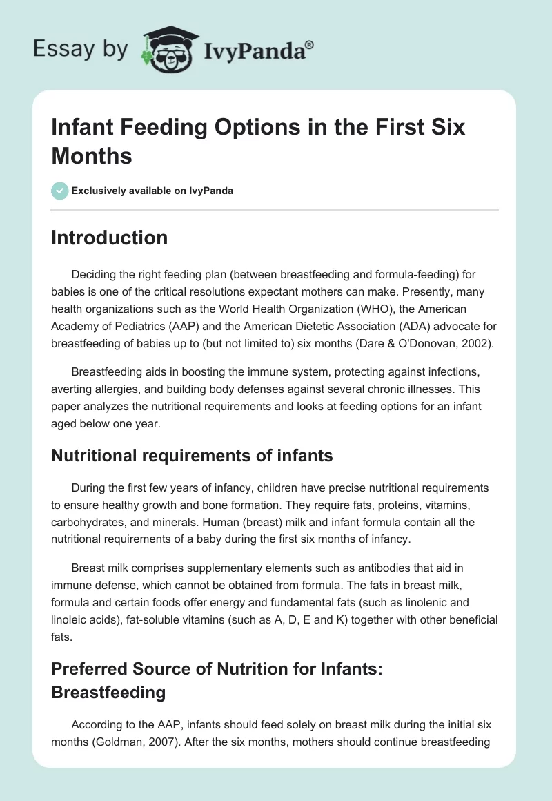 Infant Feeding Options in the First Six Months. Page 1