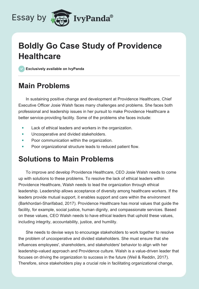 Boldly Go Case Study of Providence Healthcare. Page 1