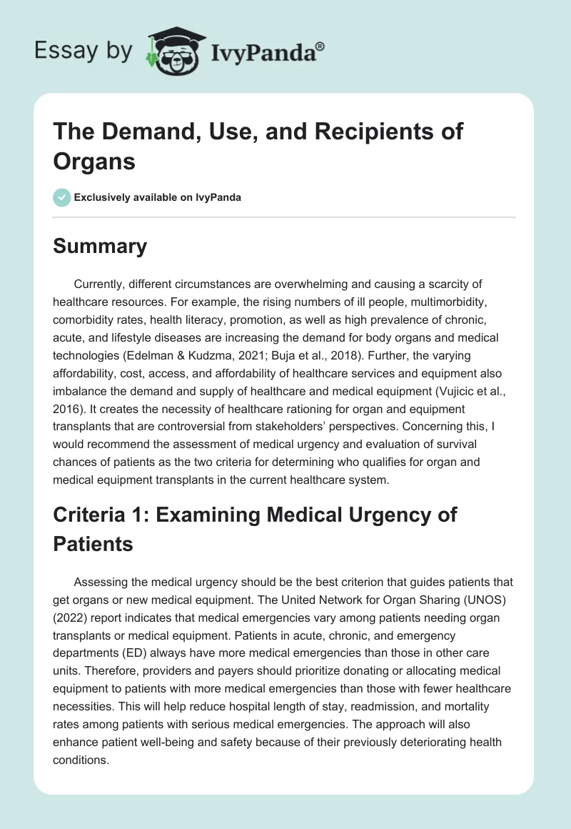 The Demand, Use, and Recipients of Organs. Page 1