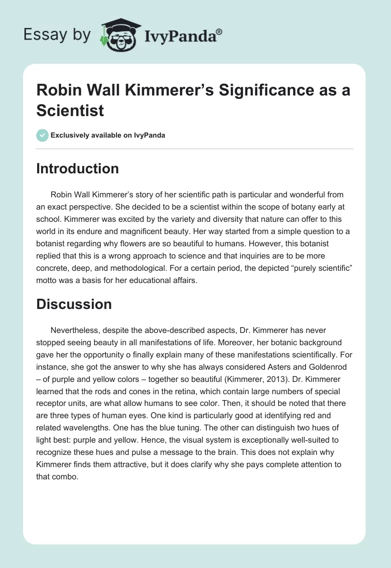 Robin Wall Kimmerer’s Significance as a Scientist. Page 1