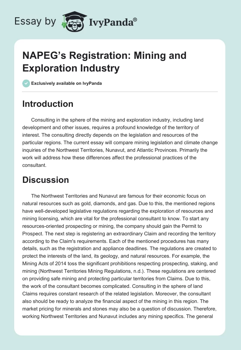 NAPEG’s Registration: Mining and Exploration Industry. Page 1