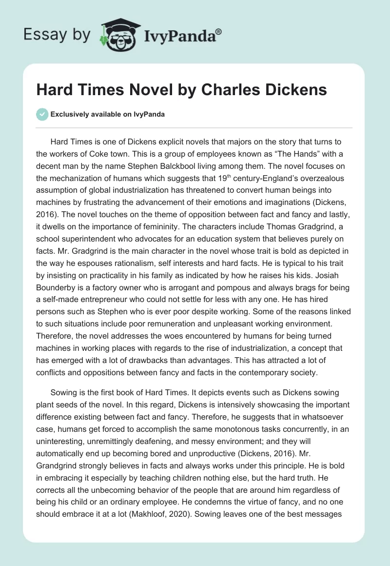 "Hard Times" Novel by Charles Dickens. Page 1
